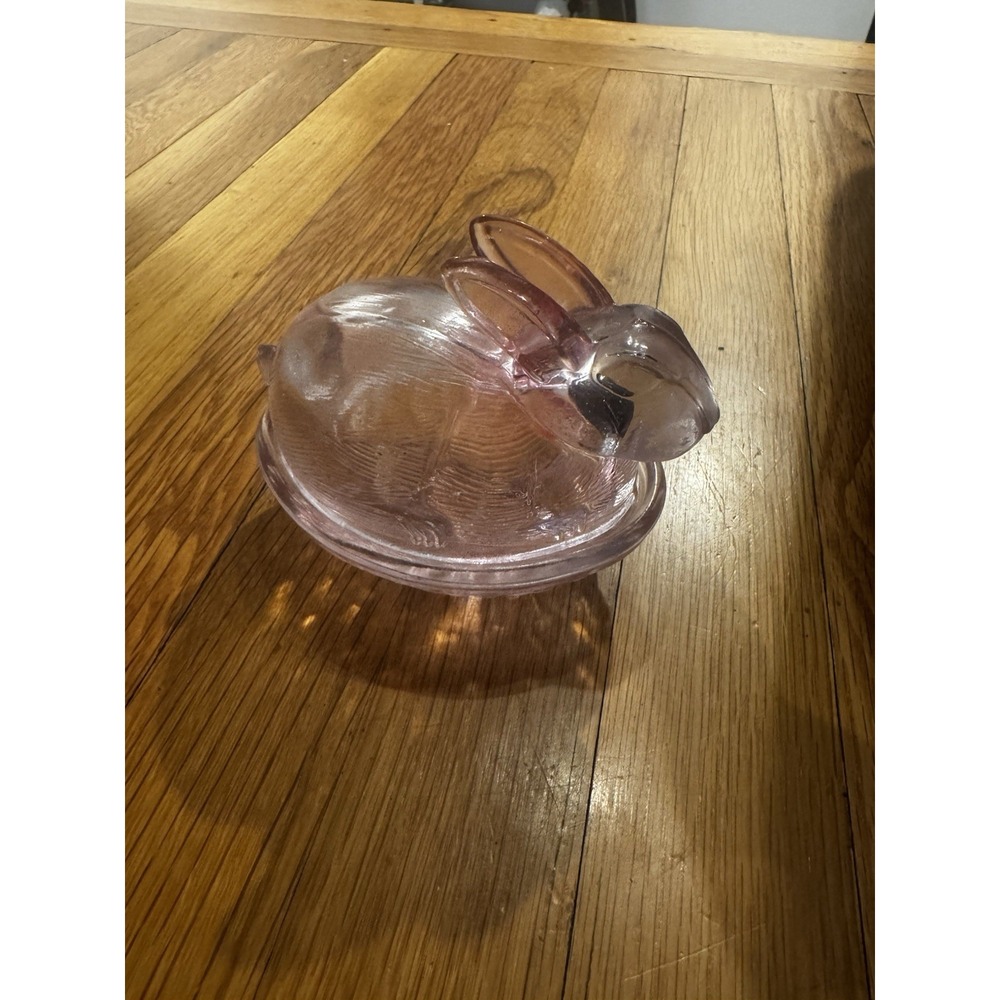 Vintage LE Smith Light Pink Glass Bunny Dish Sitting Covered Nesting Decor